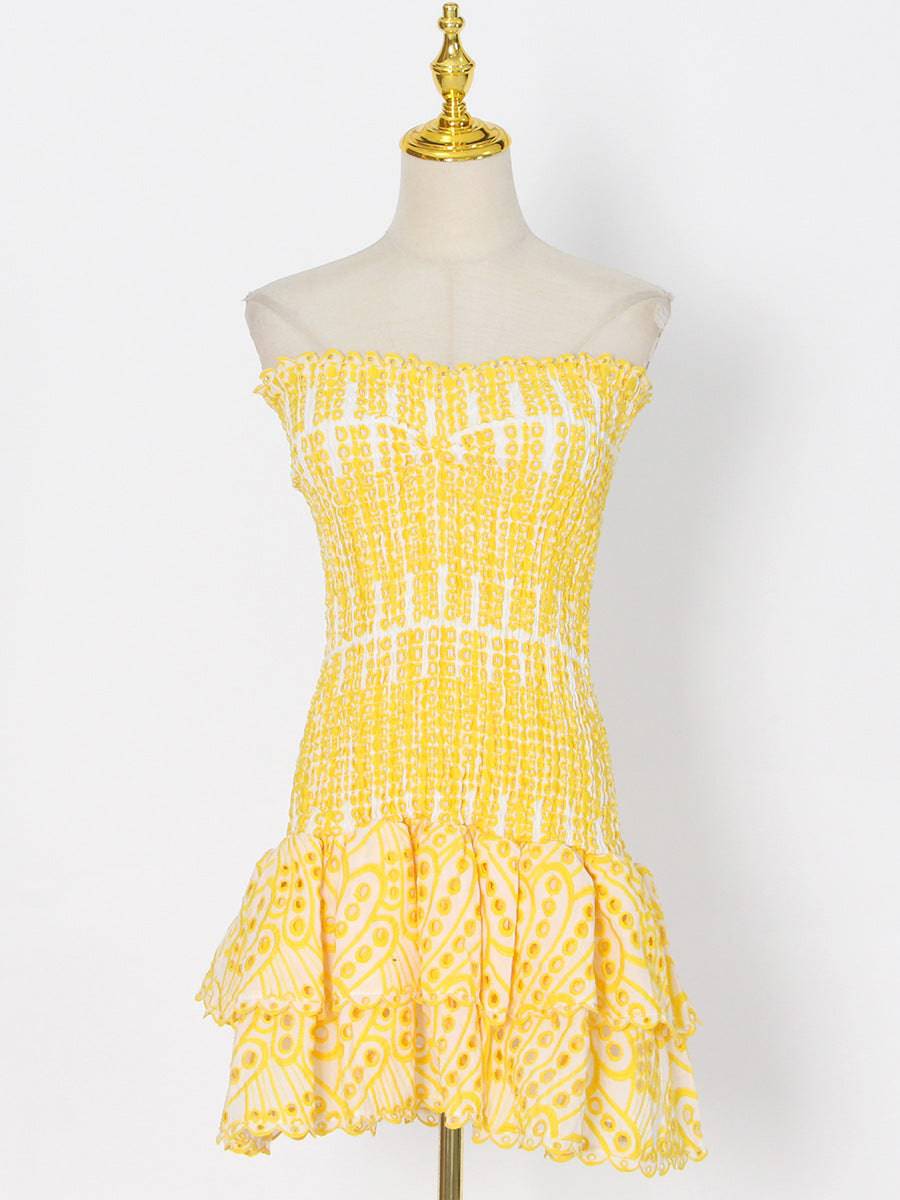 Elegant Solid Color Strapless Embroidered A-Line Dress for Women  S Yellow 