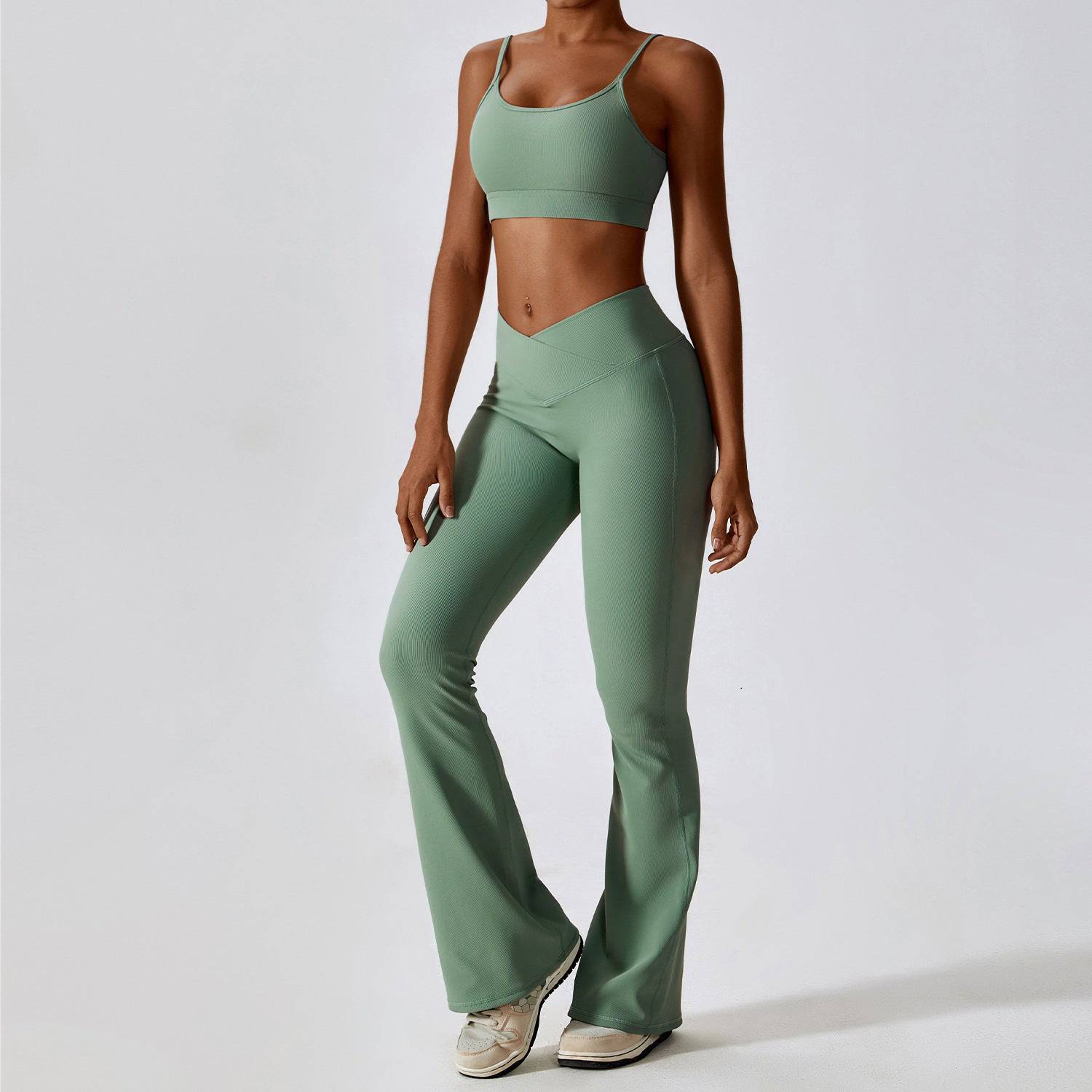 High-Rise Slim Fit Quick Drying Yoga Suit with Lace-Up Detail and Cutout Design  S -1 Bra Bell-Bottom Pants Basil Green 