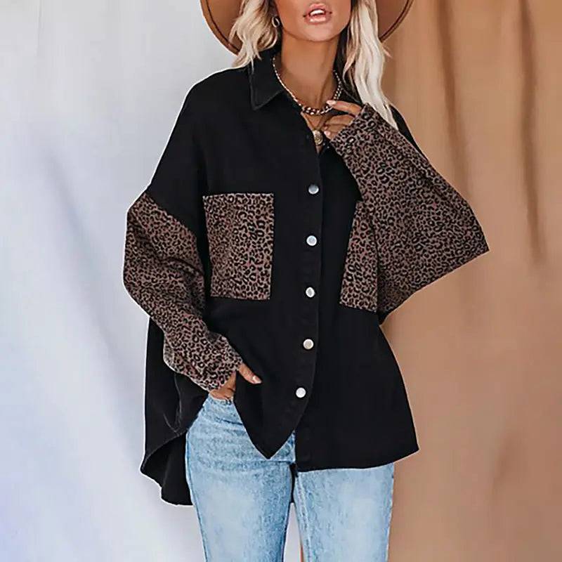 Leopard Print Long Sleeve Shacket Cardigan for Women  S Black 