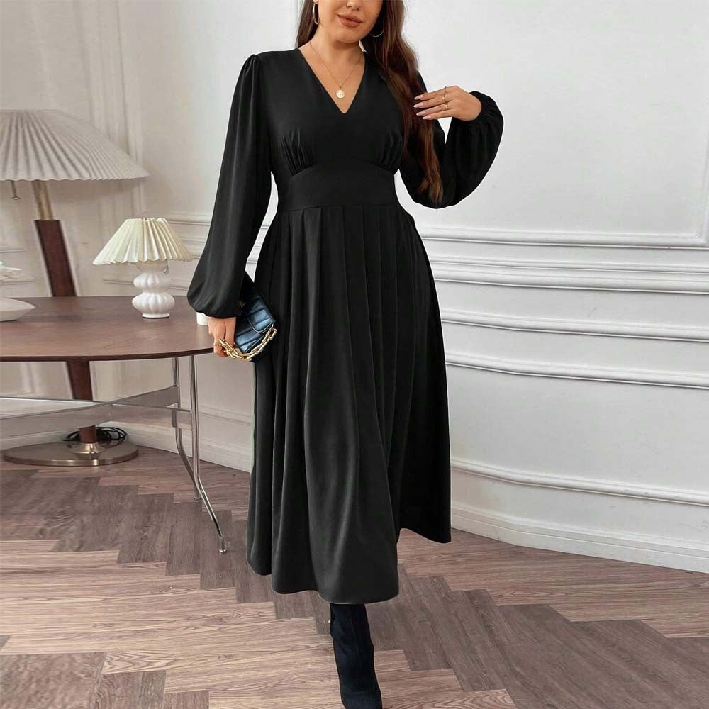 Plus Size Women Clothing Sexy V Neck Waist Puff Sleeve Midi Dress Large Swing Dress - Wild Amber Fashion