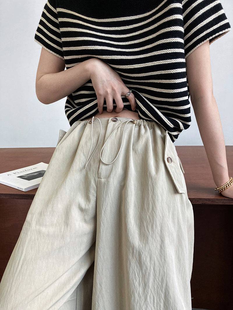 Lazy Casual Pants Drawstring Elastic High Waist Loose Profile Slimming Work Clothes Wide Leg Pants for Women  M（模特尺码） Apricot 