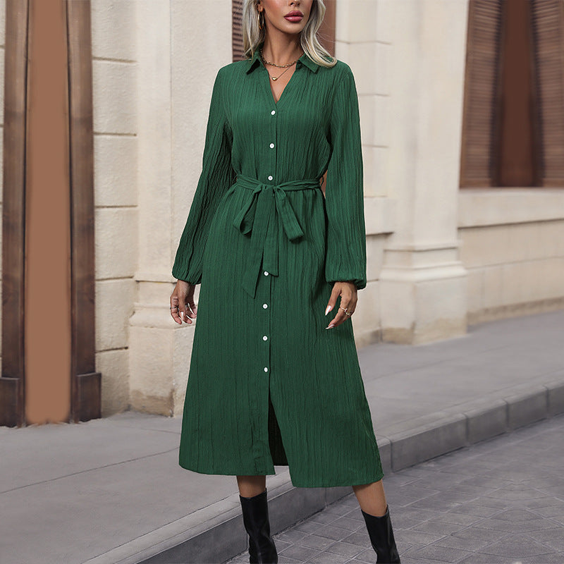 Women Autumn Long Sleeve Pleated Cardigan Dress Office Collared Shirt Dress - Wild Amber Fashion