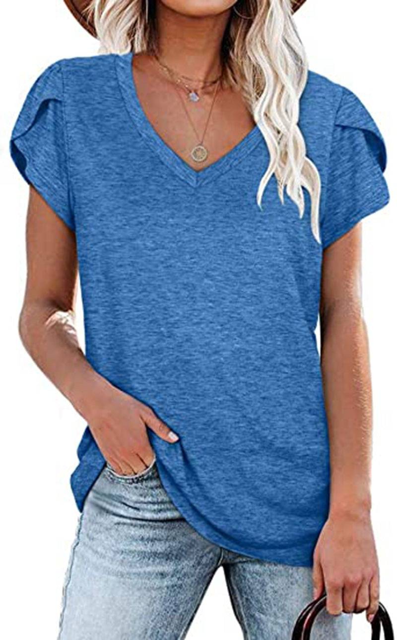 Women's Summer V-Neck Cotton T-Shirt  S Blue 