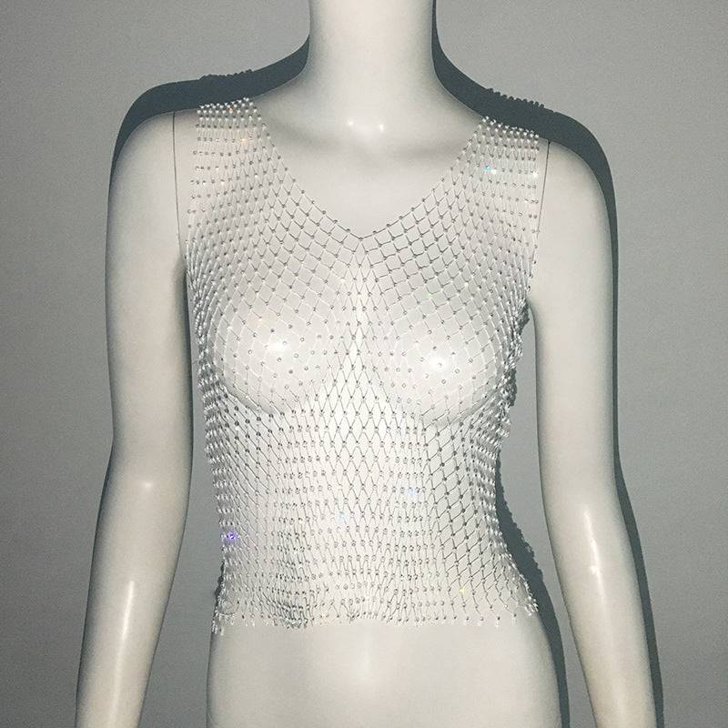 Mesh Rhinestone Fishnet Vest Top Sexy Sexy Sling Mesh Rhinestone V Neck Vest  S White 