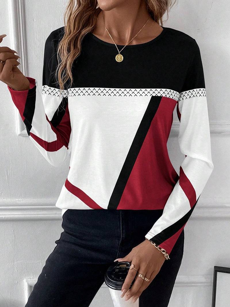 Geometric Abstract Print Round Neck Top  S Red 