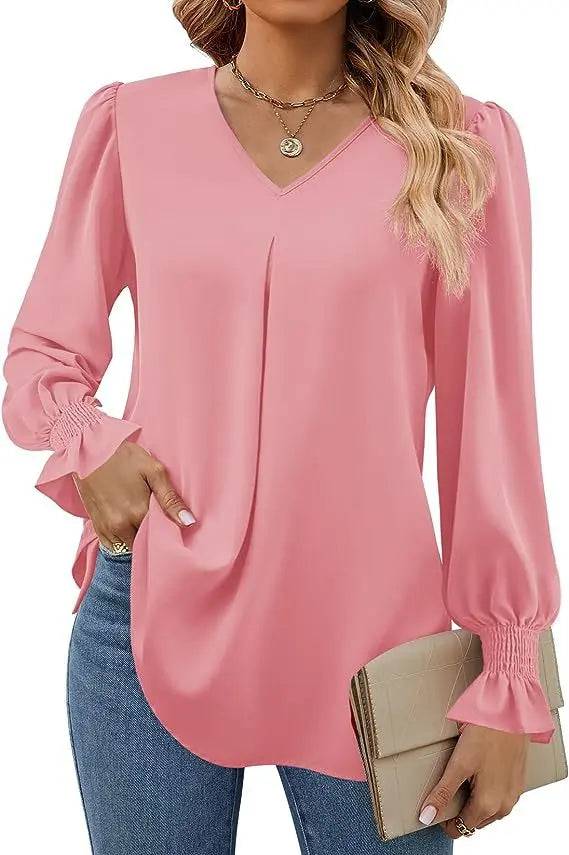 Elegant Loose Fit Chiffon V-Neck Ruffle Top with Lantern Sleeves  S Pink 