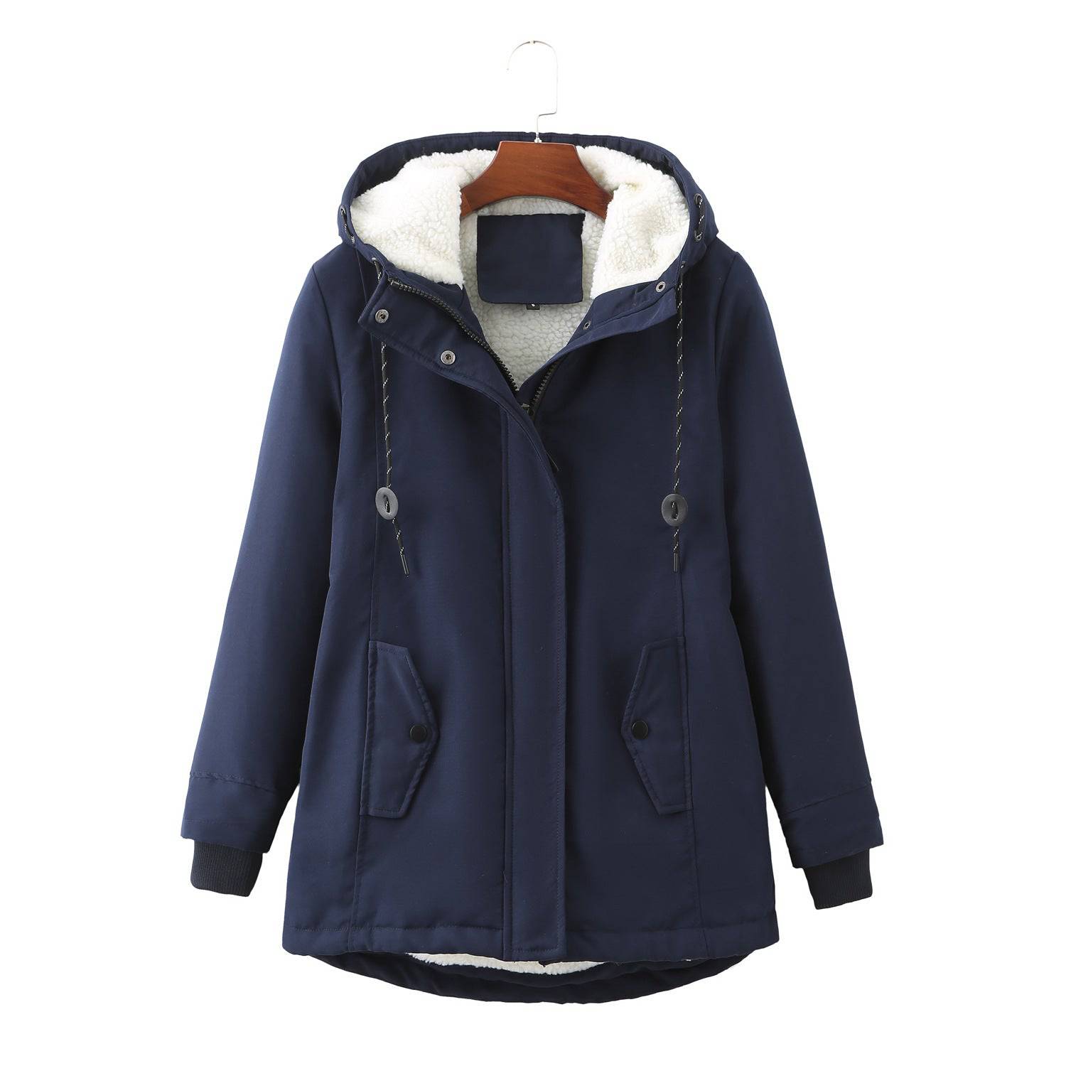 Ladies Hooded Lambswool Parka Winter Warm Waist Women Cotton-Padded Coat  S Navy Blue 