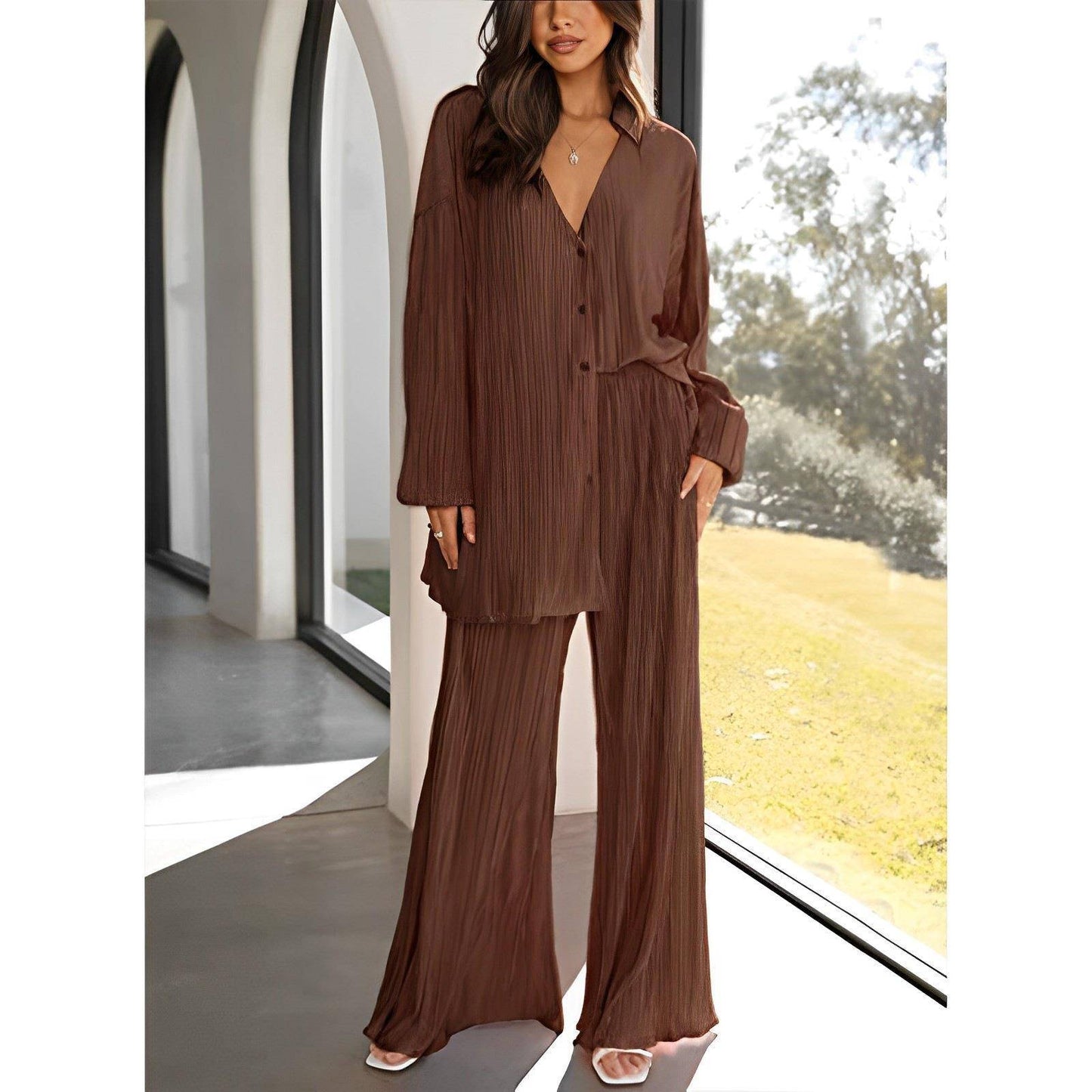 Spring Summer Women Solid Color Pleated Single Breasted Top High Waist Wide Leg Bell Bottoms Homewear Suit - Wild Amber Fashion