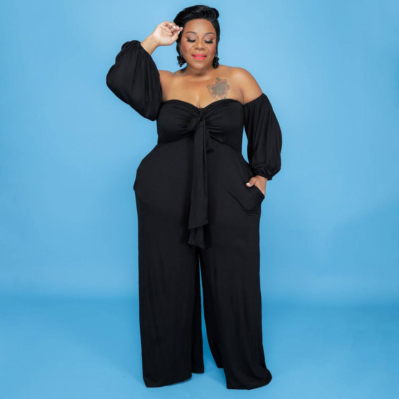 Plus Size Sexy Tube Top Solid Color Jumpsuit Wide Leg Pants - Wild Amber Fashion