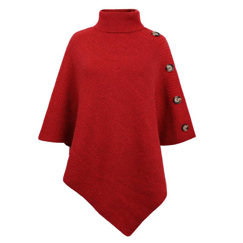 Trendy High Neck Solid Color Cape Sweater  One Size Red 