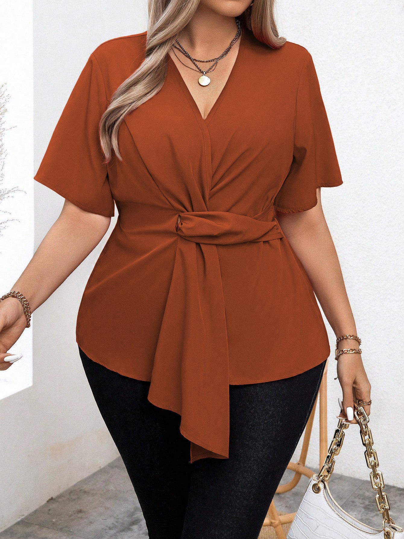 Plus Size Women V Neck Tight Waist T Shirt Summer Elegant Office High Grade Top Women - Wild Amber Fashion