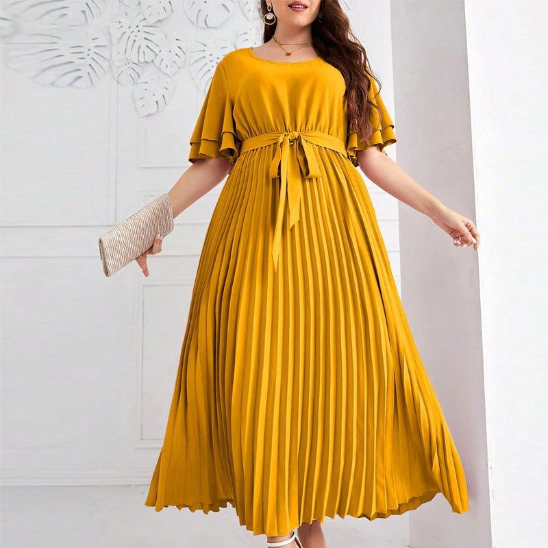 Plus Size Summer Square Collar Large Swing Dress Elegant Short Sleeve Lace up Slimming Pleated Dress - Wild Amber Fashion