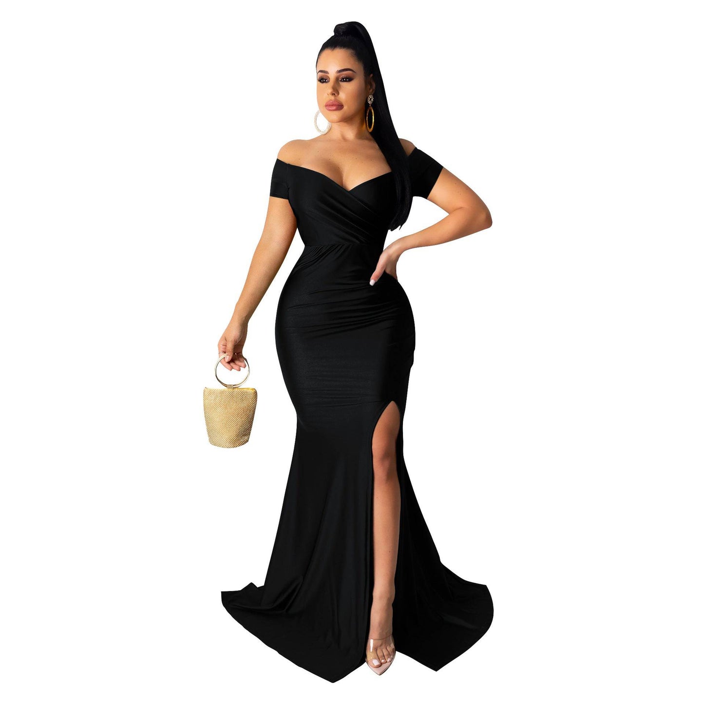 Glamorous V-Neck Maxi Dress for Women - Sexy Solid Color Nightclub Attire  S Black 