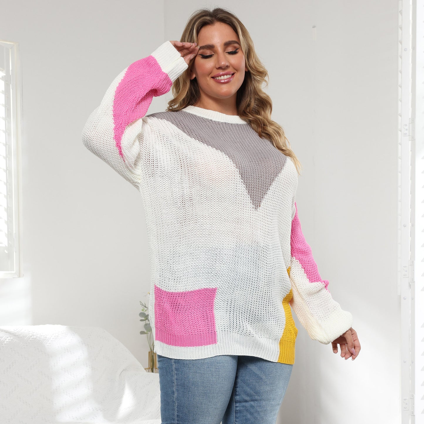 Plus Size Women Clothes Color Contrast Patchwork Loose Casual Pullover Sweater - Wild Amber Fashion