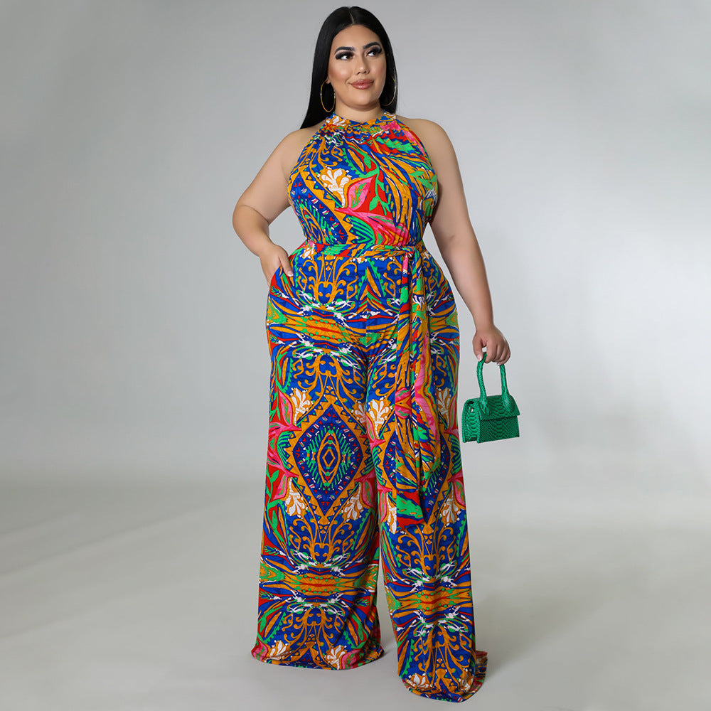 Plus Size Women Clothing Casual Halterneck Printed with Belt Jumpsuit - Wild Amber Fashion