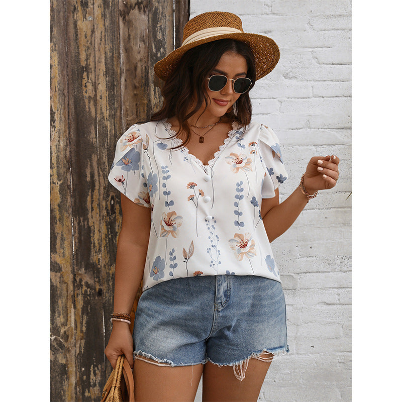 Plus Size Summer V neck Lace Stitching Printing Shirt Loose Women Clothing - Wild Amber Fashion