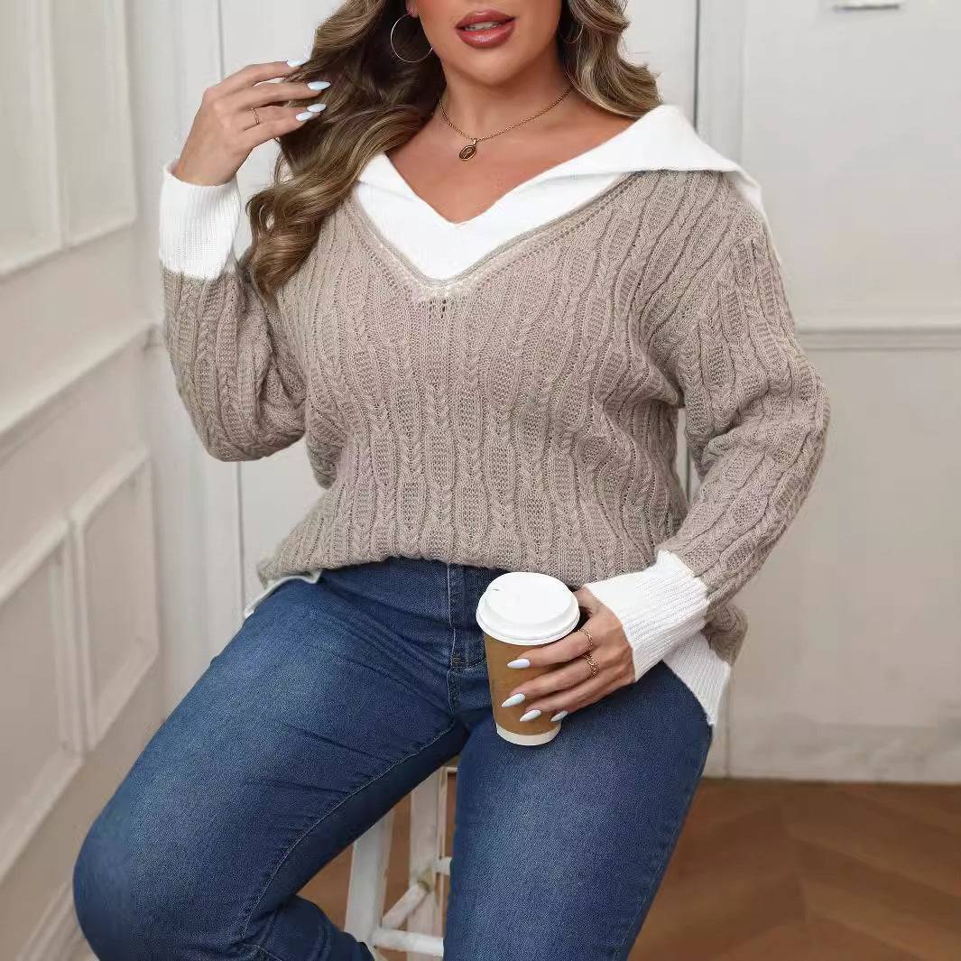 Plus Size Women Top Autumn Winter Contrast Color Stitching Collared Sailor Collar Woven Pullover Sweater - Wild Amber Fashion