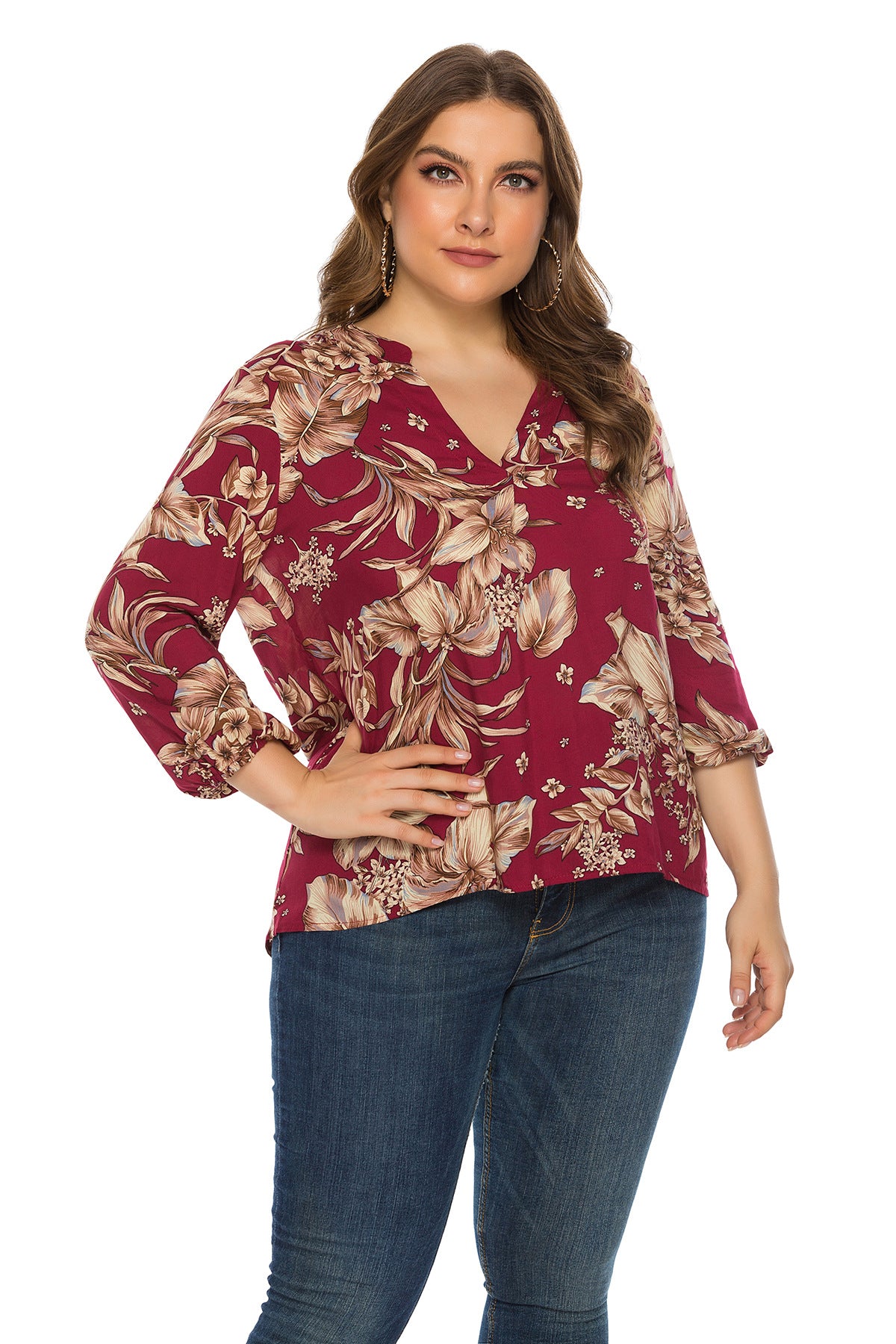 Plus Size Women Clothing Spring Autumn Long Sleeve V neck Printed Rayon Top - Wild Amber Fashion