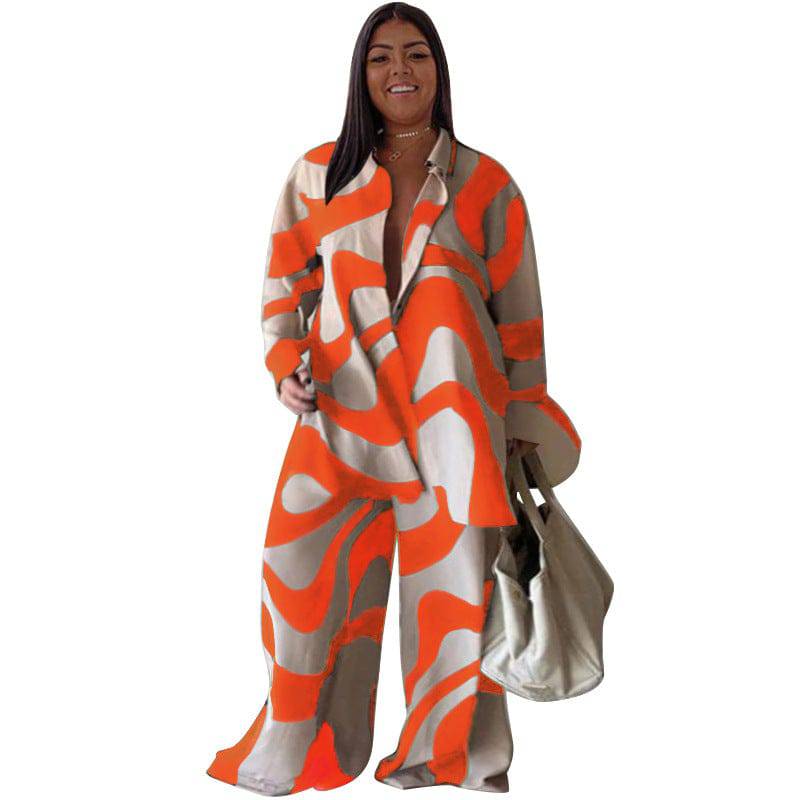 Floral Print Plus Size Suit with Loose-Fit Shirt and Straight Leg Trousers for Women  0XL Orange 