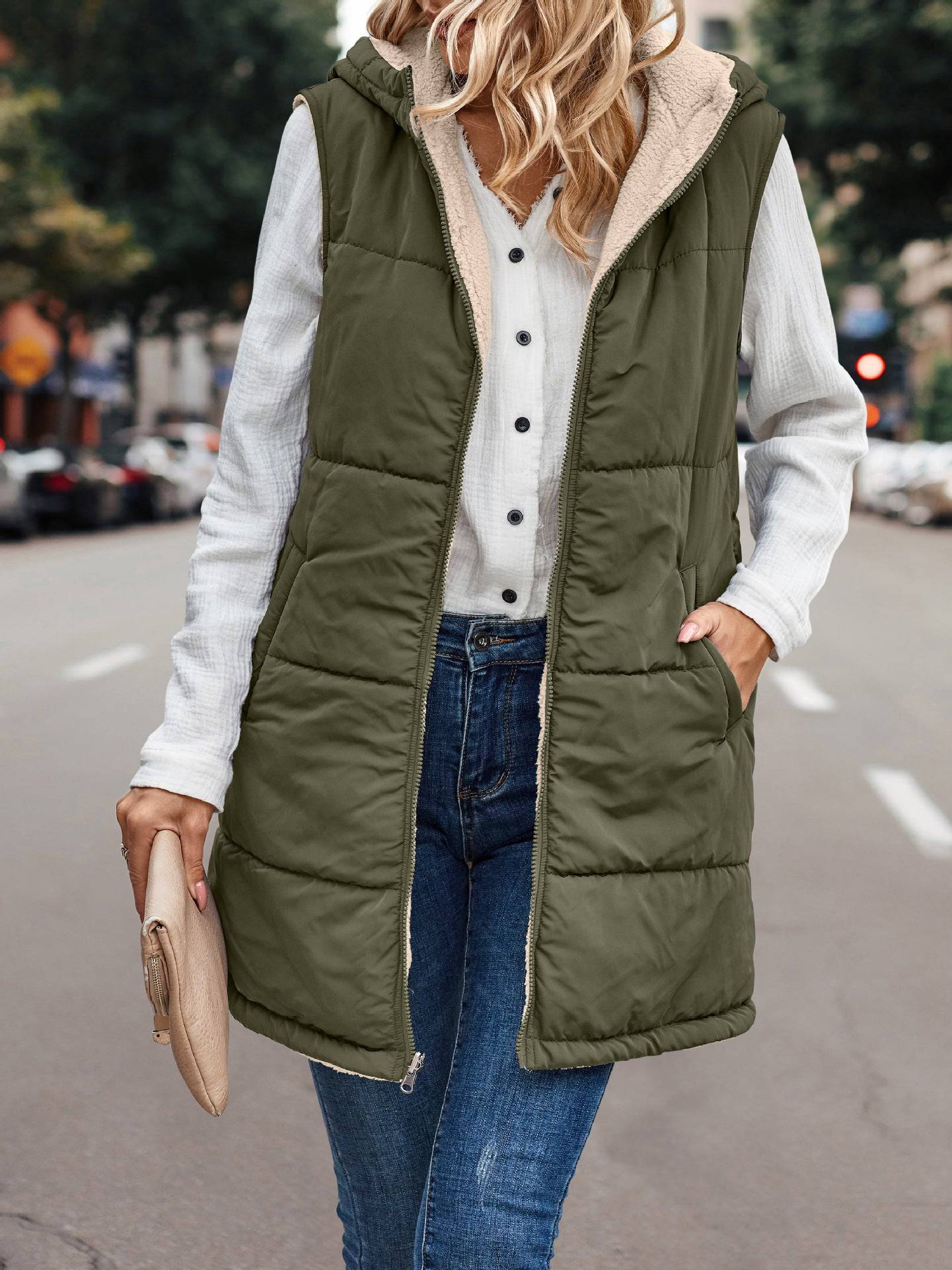 Simple Stitching Plush Double Sided Women's Hooded Vest with Zipper  S Army Green 