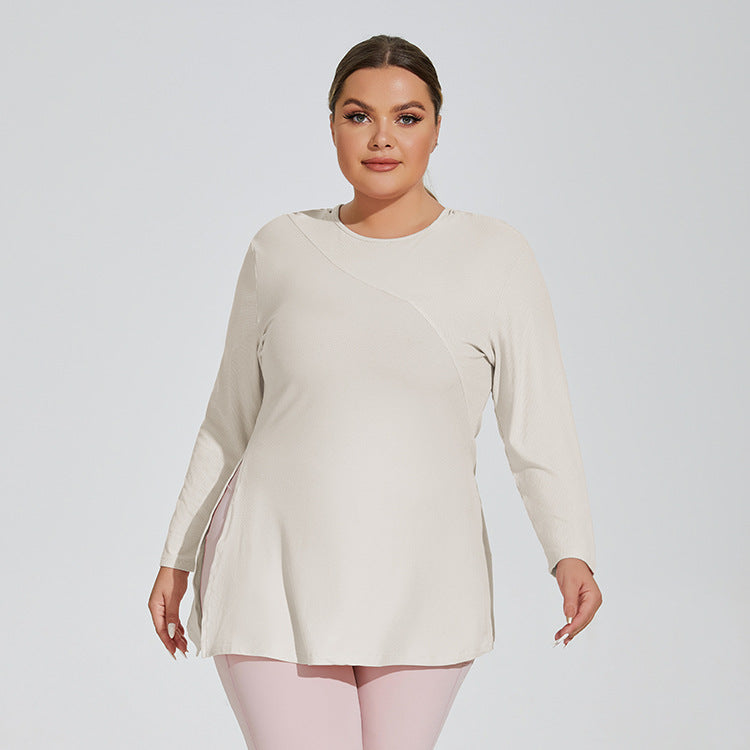 Plus Size Long Sleeve Hooded Sports Top for Women  1XL Milk Apricot 