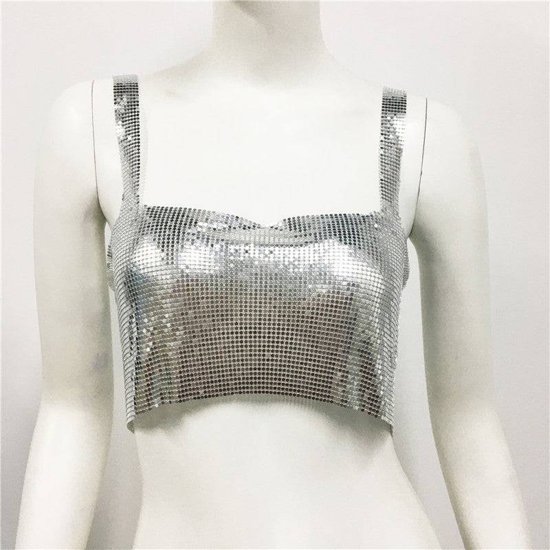 Seductive Metal Sequin Crop Top for Glamorous Nights Out  One Size Silver 