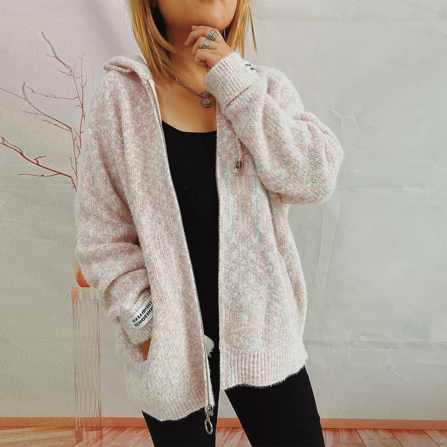 Women's Hooded Zipper Pocket Knitted Sweater Cardigan for Cozy Winter Style  S Pink 