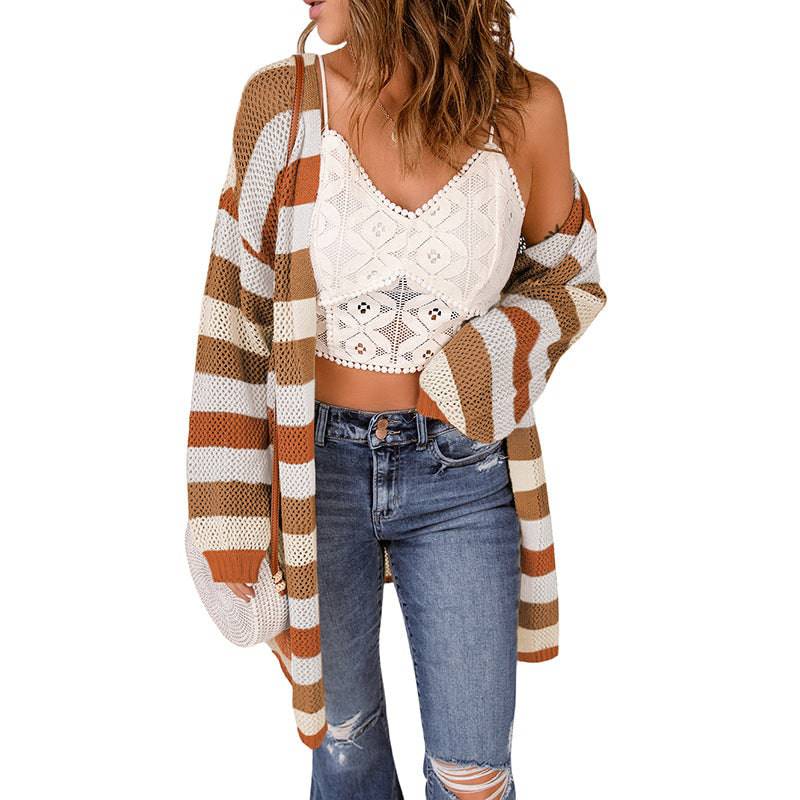 Striped Contrast Color Cardigan Coat Sweater for Women - Spring/Autumn Collection  S Dark Brown 