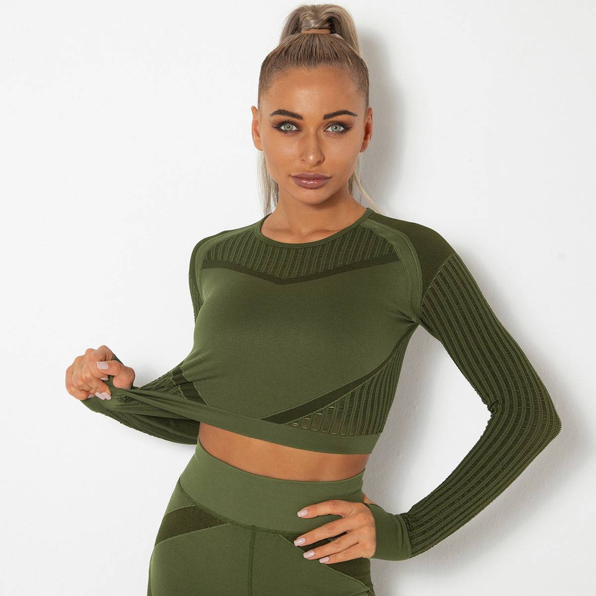 New Sports Skinny Hollow out Plastic Top Quick-Drying Running Yoga Clothes Seamless Workout Long Sleeve  XS Long Sleeve-Army Green 