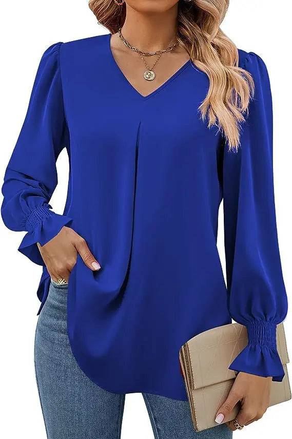 Elegant Loose Fit Chiffon V-Neck Ruffle Top with Lantern Sleeves  S Blue 