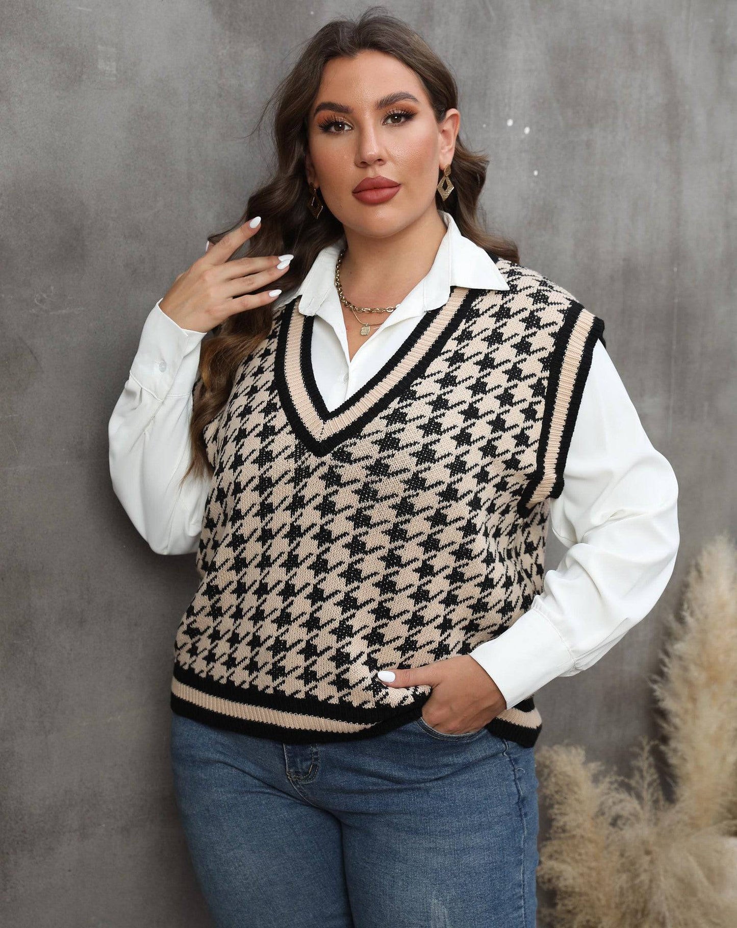 Plus Size Women Clothes Striped Color Contrast Patchwork Houndstooth Casual Vest Vest Top - Wild Amber Fashion