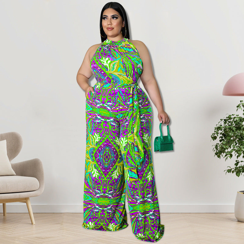 Plus Size Women Clothes Printing Collar Jumpsuit - Wild Amber Fashion