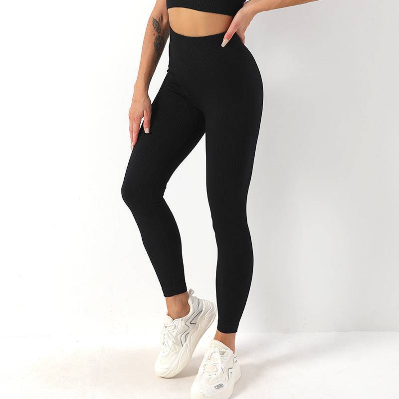 High Waist Seamless Ribbed Yoga Pants for Women  M Black 