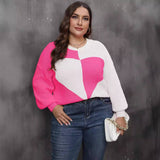 Plus Size Women Clothing Autumn Winter Ladies Top Pullover Woven Shirt Heart Shaped Multi Part Contrast Color Sweater - Wild Amber Fashion