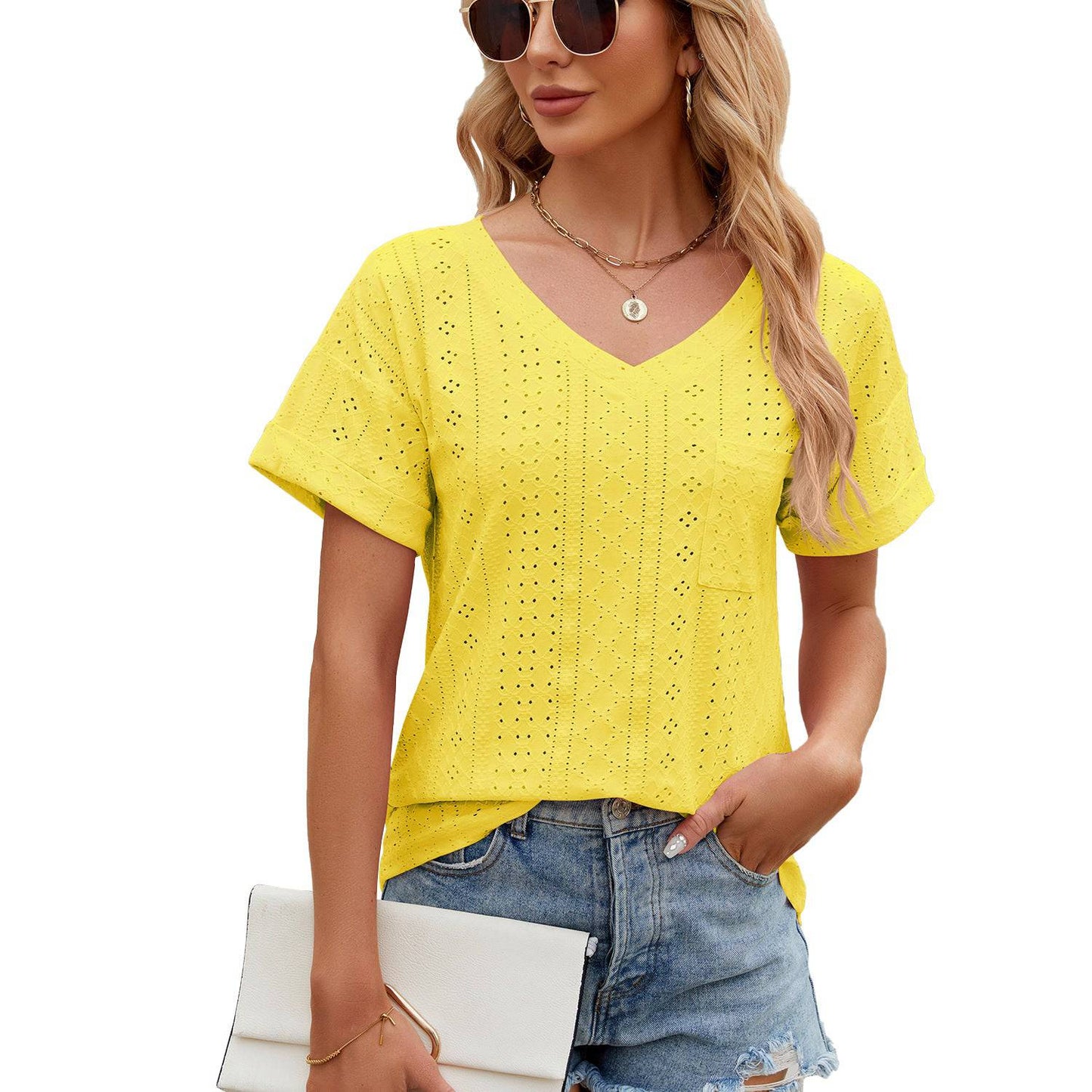 Relaxed V-Neck Short Sleeve Tee for Women  S Yellow 