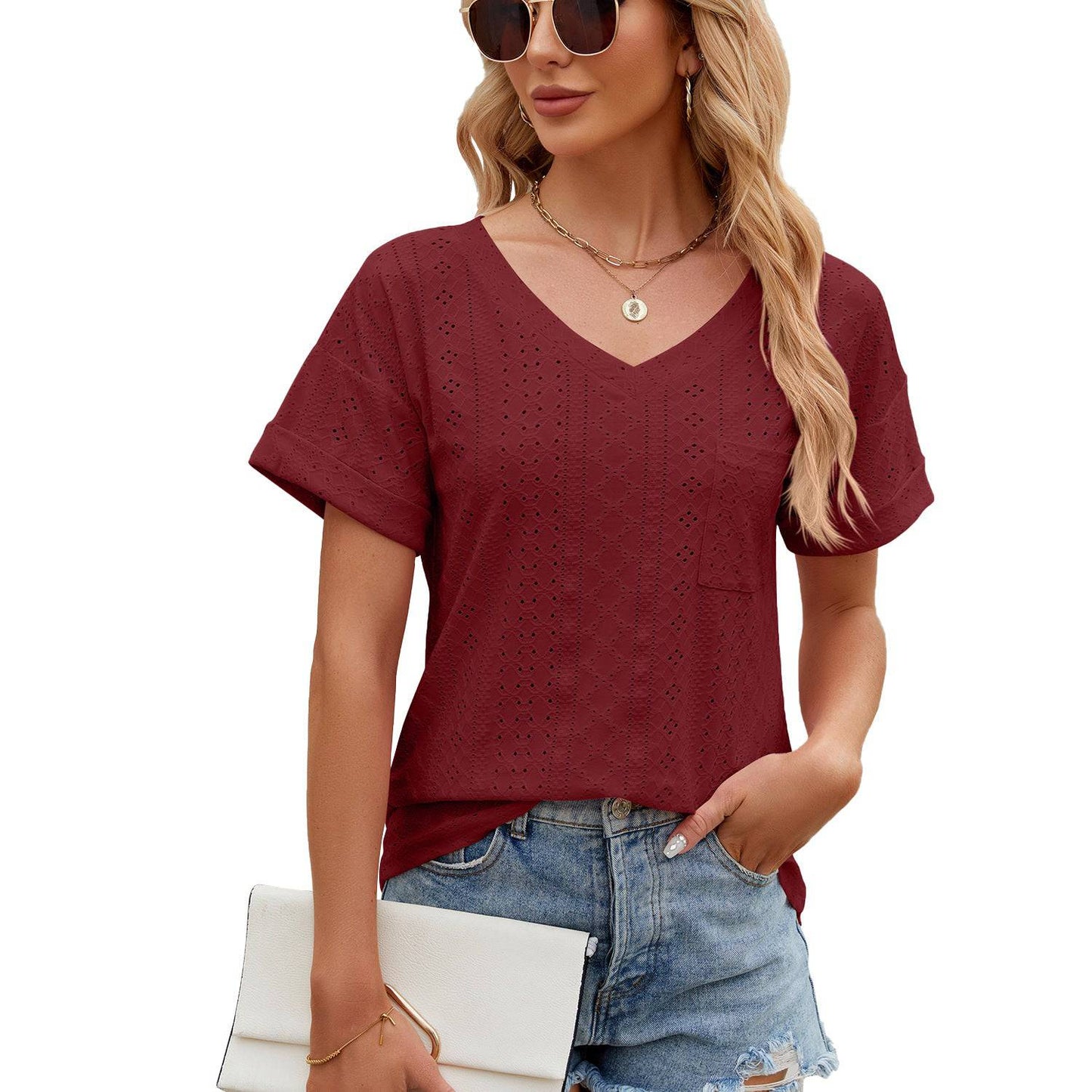 Relaxed V-Neck Short Sleeve Tee for Women  S Burgundy 