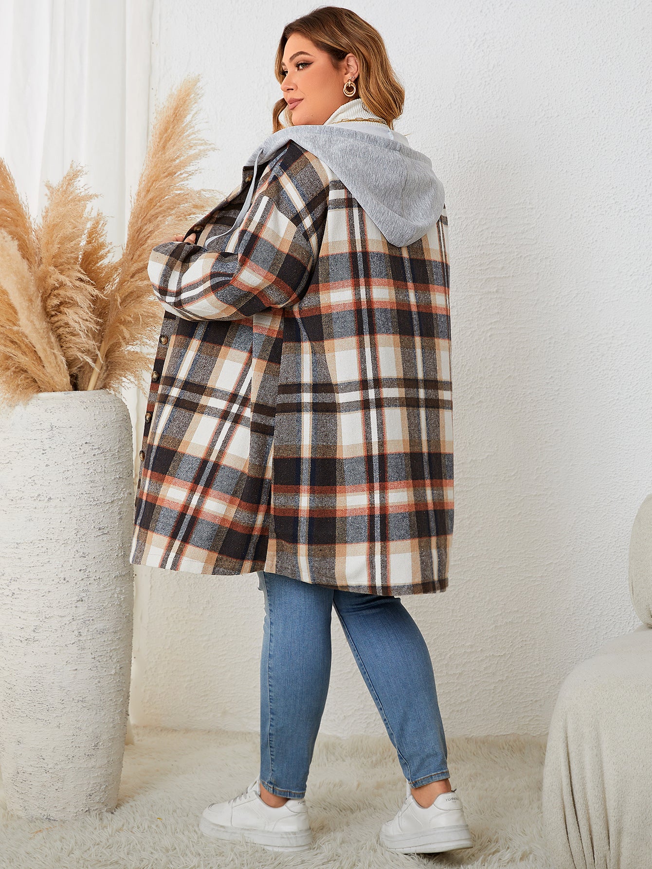 Plus Size Autumn Winter Women Girls Plaid Hooded Mid Length Coat for Women - Wild Amber Fashion