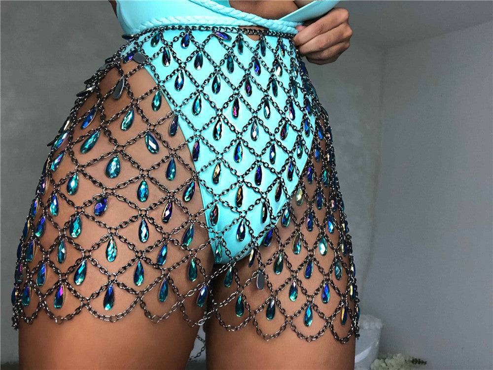 Stunning Colorful Crystal Embellished Shiny Skirt for Nightclubs  One Size Glow Blue 