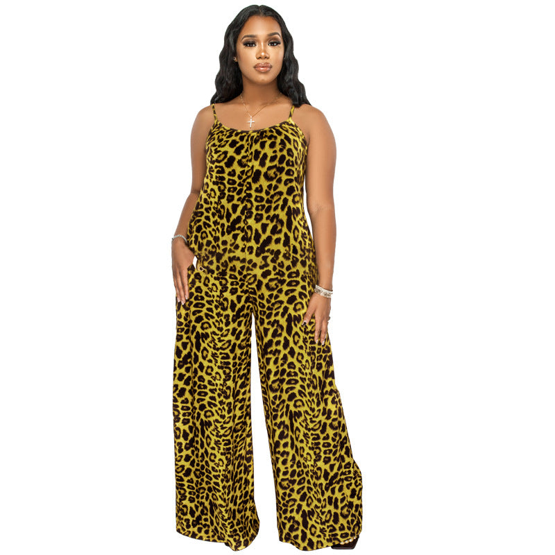 Plus Size New Jumpsuit Summer Leopard Print Sling Casual Jumpsuit - Wild Amber Fashion