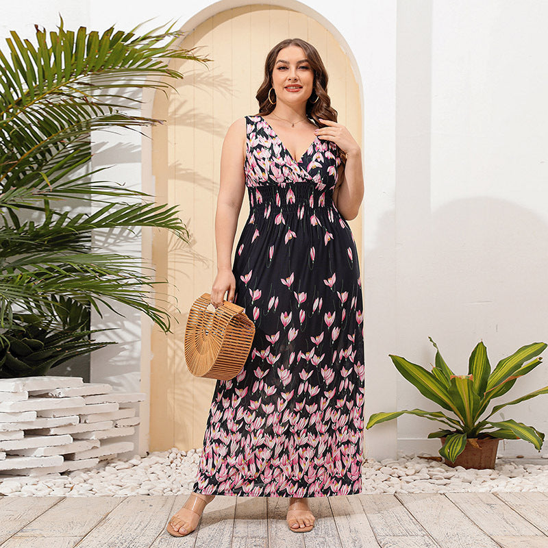 Plus Size Floral Print Dress Women Ice Silk V neck Holiday Beach Dress Long Dress - Wild Amber Fashion