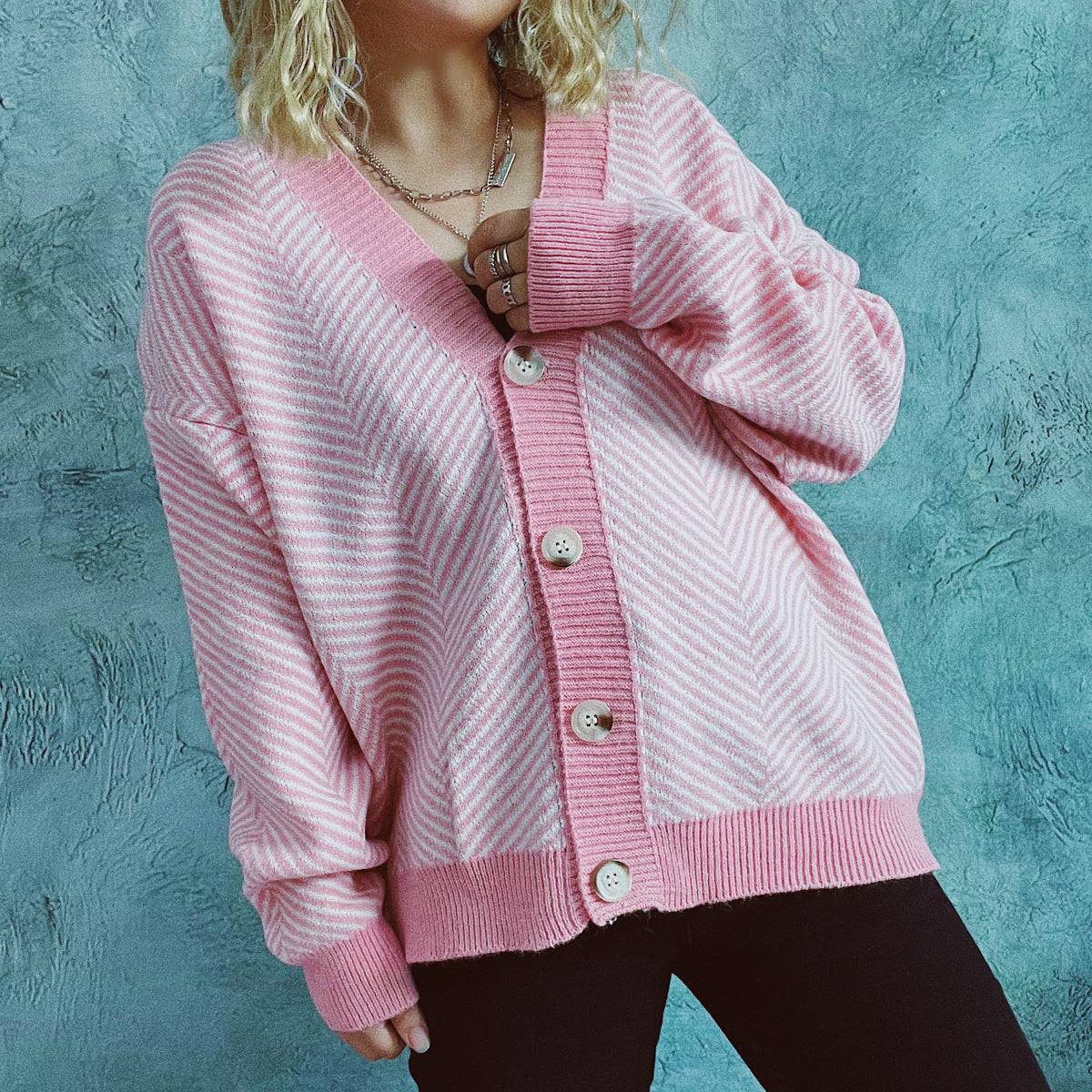 Fall and Winter Casual Diagonal Stripe V-Neck Sweater Cardigan Coat  L Pink 