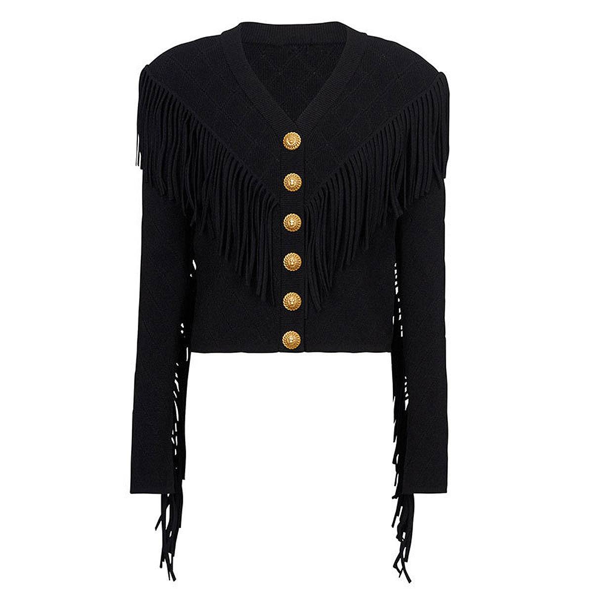 Elegant V-Neck Tassel Cardigan Top Woolen Coat for Women  S Black 