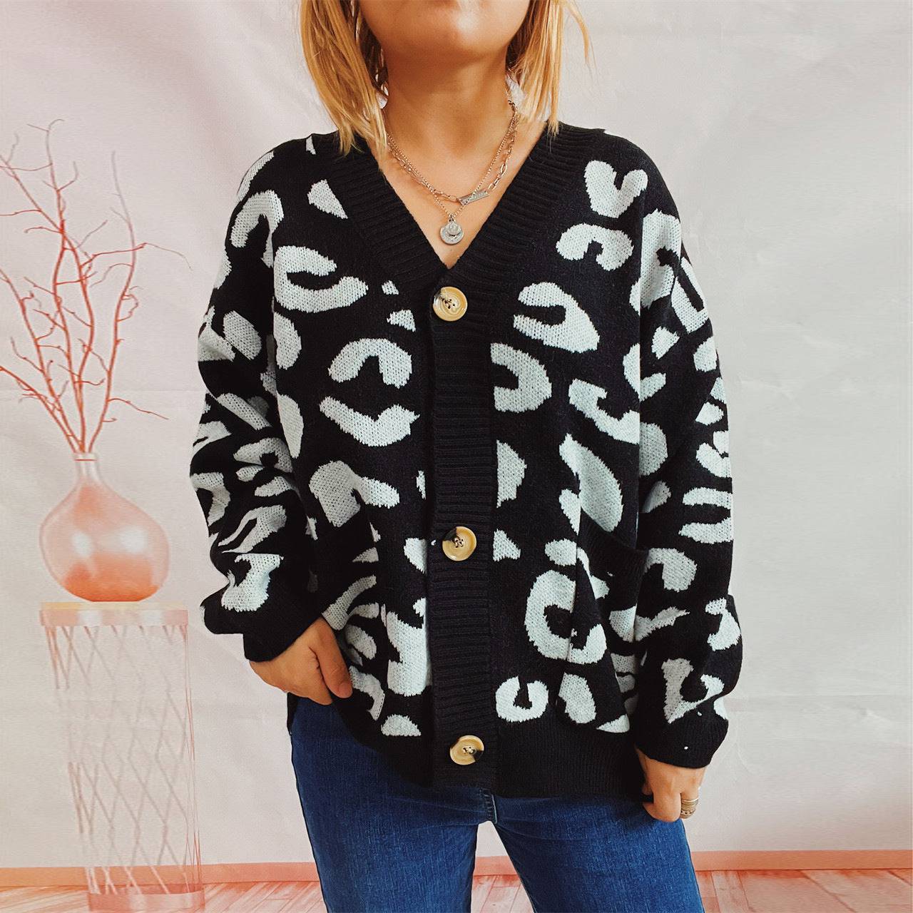 Leopard Print Knitted Sweater Coat for Stylish and Comfortable Winter Fashion  S Black 