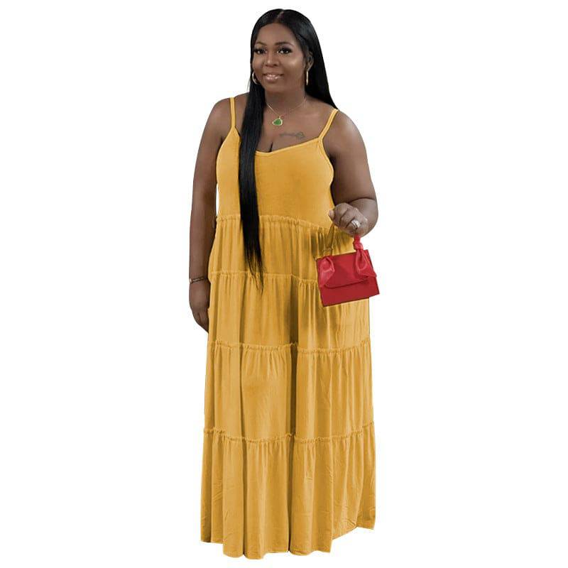 Summer Chic Plus Size Solid Color Casual Dress with Sexy Strap Pleated Stitching  XL Yellow 