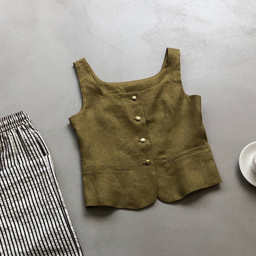 Retro Linen Women's Sleeveless Vest with Square Collar for Autumn  M Mustard Green 