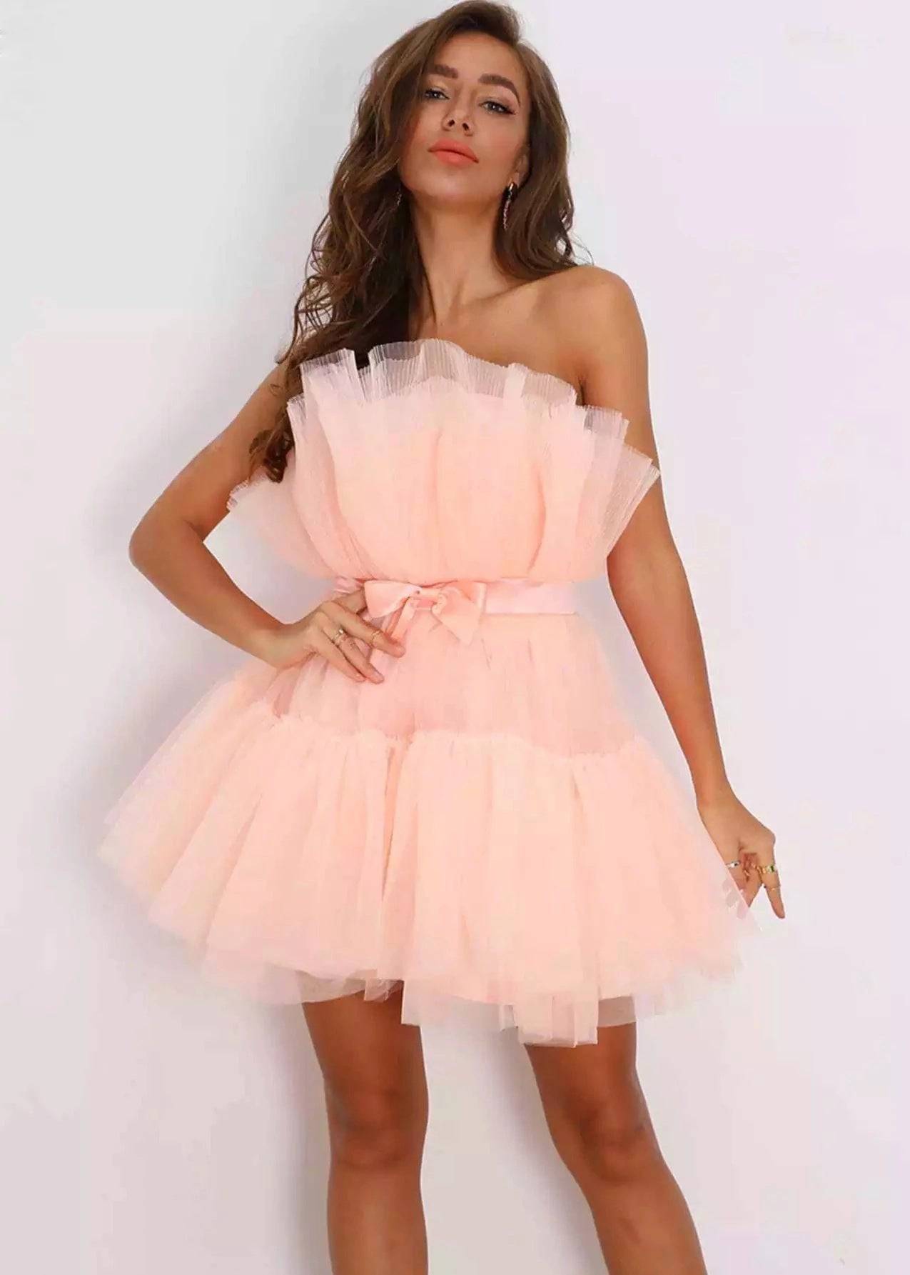 Graceful Bow A-Line Dress with Mesh and Lace for Women  S Pink 