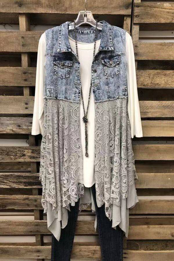 Ladies Coat Spring Summer All-Match Denim Vest Lace Hem Stitching Design  S Blue 