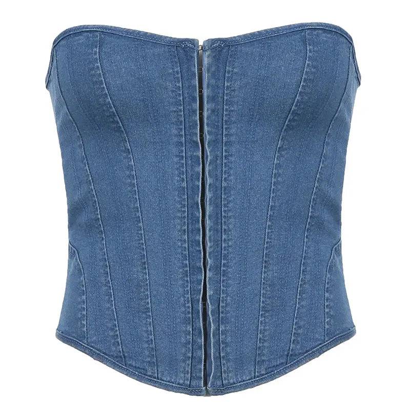 Seductive Slim-Fit Denim Corset Tube Top with Off-Shoulder and Lace Details  S Blue 