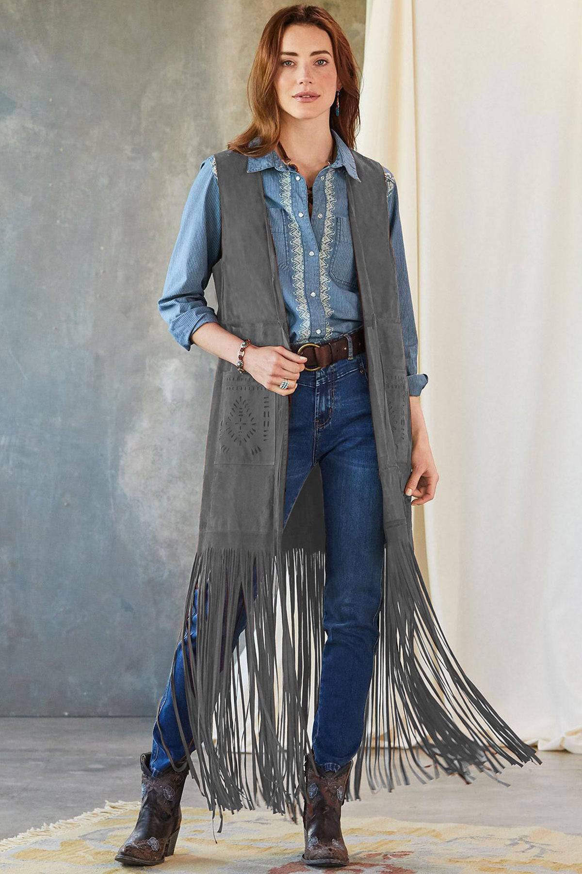 Slim Fit Sleeveless Vest with Tassel Detail for Women  S Gray 