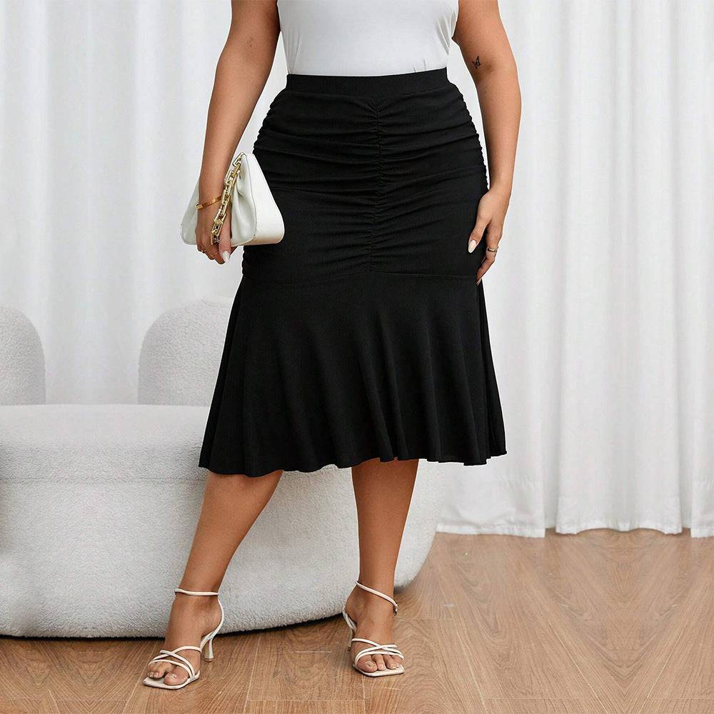 Elegant Fishtail Sheath Dress for Plus Size Women with Elastic Waist  1XL Black 